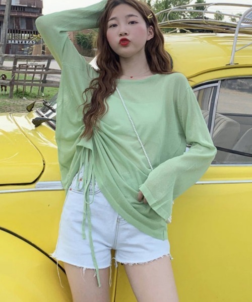 Ritzy(リッツィー)の「脇ギャザーデザイン シアートップス(シャツ/ブラウス・レディース・グリーン/ホワイト/パープル/ブラック・M/L)」の6枚目の写真