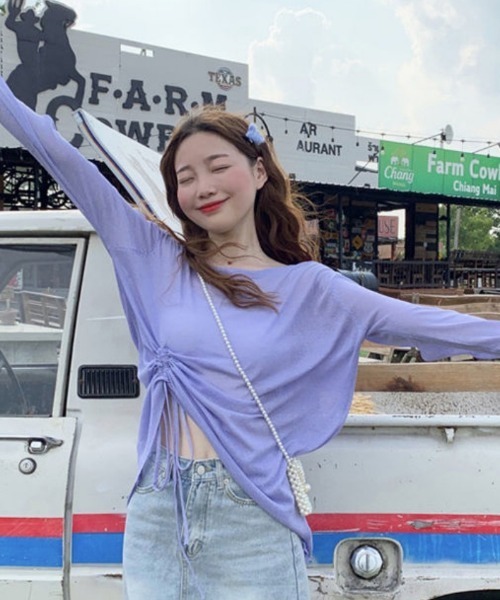 Ritzy(リッツィー)の「脇ギャザーデザイン シアートップス(シャツ/ブラウス・レディース・グリーン/ホワイト/パープル/ブラック・M/L)」の9枚目の写真