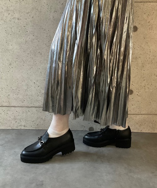 本革/厚底/太ヒール/5cm】厚底 ジップ付ビットローファー ALL BLACK