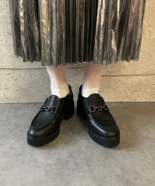 本革/厚底/太ヒール/5cm】厚底 ジップ付ビットローファー ALL BLACK