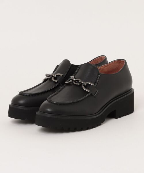 本革/厚底/太ヒール/5cm】厚底 ジップ付ビットローファー ALL BLACK