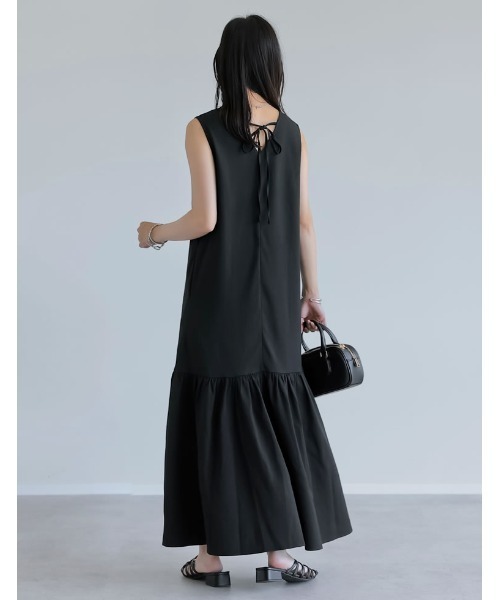 低身長サイズ有]リネンライクギャザー切り替えノースリーブワンピース