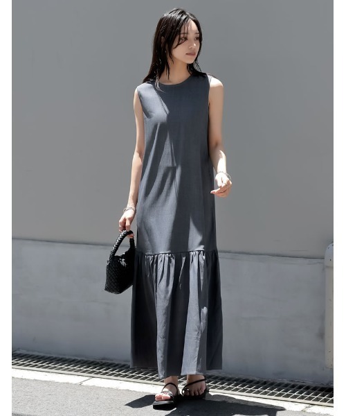 低身長サイズ有]リネンライクギャザー切り替えノースリーブ