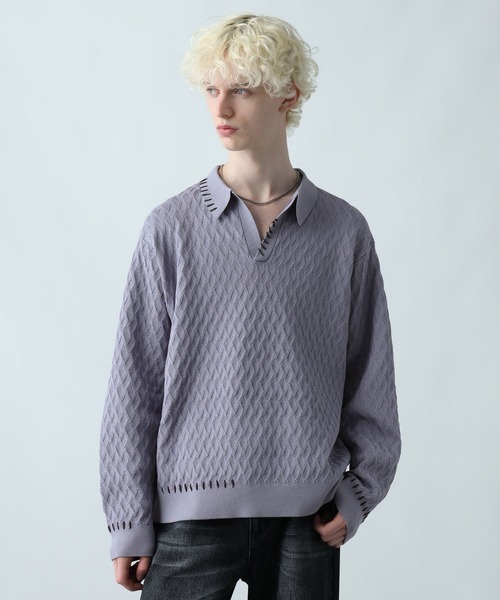 HARE（ハレ）の「ステッチルーズニットポロ(HARE)（ポロシャツ・メンズ・ブラック/パープル/ライトグレー・FREE）」の3枚目の写真