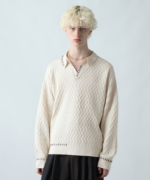 HARE（ハレ）の「ステッチルーズニットポロ(HARE)（ポロシャツ・メンズ・ブラック/パープル/ライトグレー・FREE）」の2枚目の写真