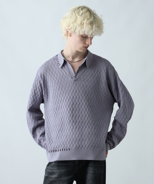 HARE（ハレ）の「ステッチルーズニットポロ(HARE)（ポロシャツ・メンズ・ブラック/パープル/ライトグレー・FREE）」の12枚目の写真