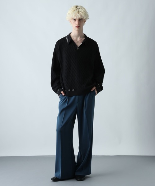 HARE（ハレ）の「ステッチルーズニットポロ(HARE)（ポロシャツ・メンズ・ブラック/パープル/ライトグレー・FREE）」の4枚目の写真