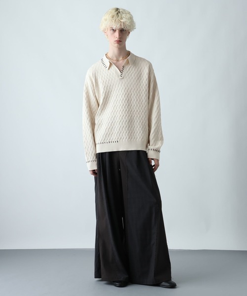 HARE（ハレ）の「ステッチルーズニットポロ(HARE)（ポロシャツ・メンズ・ブラック/パープル/ライトグレー・FREE）」の5枚目の写真