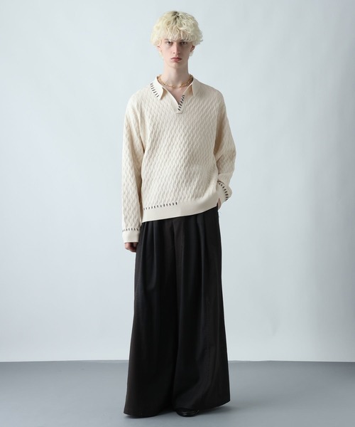 HARE（ハレ）の「ステッチルーズニットポロ(HARE)（ポロシャツ・メンズ・ブラック/パープル/ライトグレー・FREE）」の6枚目の写真