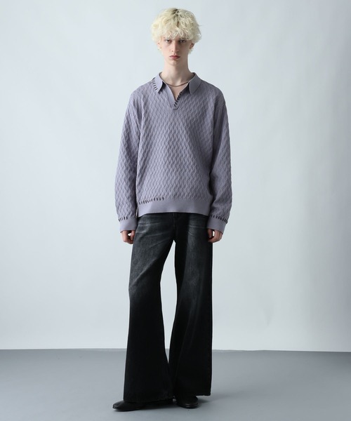 HARE（ハレ）の「ステッチルーズニットポロ(HARE)（ポロシャツ・メンズ・ブラック/パープル/ライトグレー・FREE）」の7枚目の写真