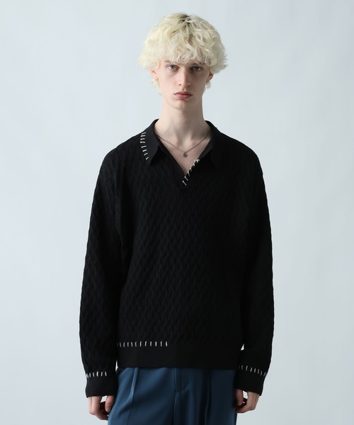 HARE（ハレ）の「ステッチルーズニットポロ(HARE)（ポロシャツ・メンズ・ブラック/パープル/ライトグレー・FREE）」の8枚目の写真