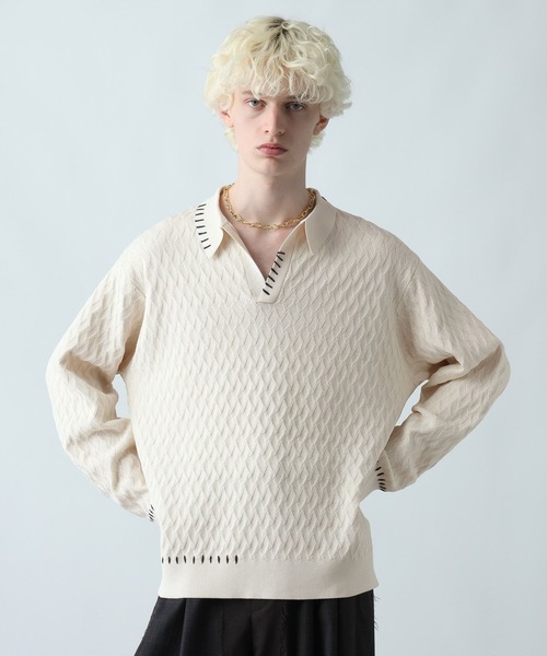 HARE（ハレ）の「ステッチルーズニットポロ(HARE)（ポロシャツ・メンズ・ブラック/パープル/ライトグレー・FREE）」の10枚目の写真