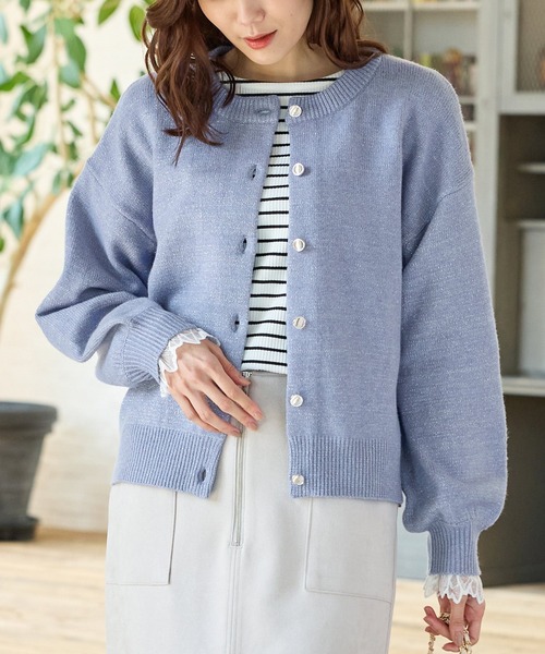 Honeys（ハニーズ）の「ラメクルーカーディガン（カーディガン/ボレロ・レディース・ライトグリーン/ピンク/ブルー/グレー/モカ・M/LL/L/3L）」の7枚目の写真