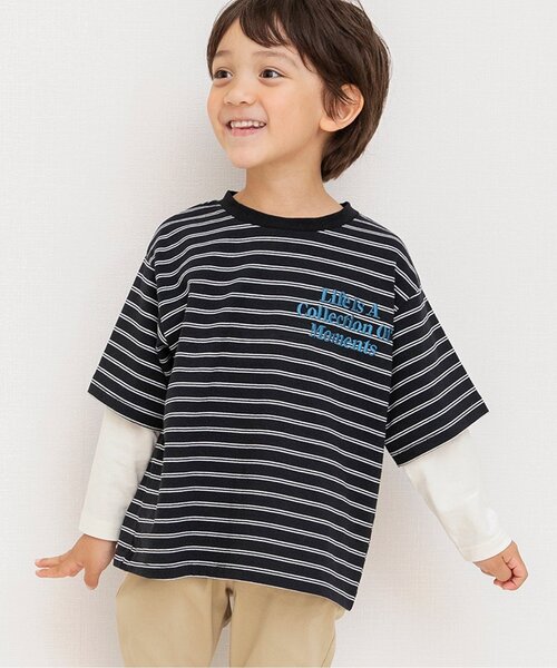 BREEZE(ブリーズ)の「【ジュニア対応】2Pレイヤード風ボーダーロンT(Tシャツ/カットソー・キッズ・ブラック/ブルー・110/120/130/90/100/140/150)」の1枚目の写真