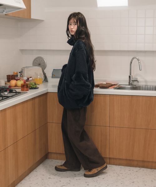 コーデュロイカーブパンツ/ブラウン アイボリー コーデュロイ ワイド