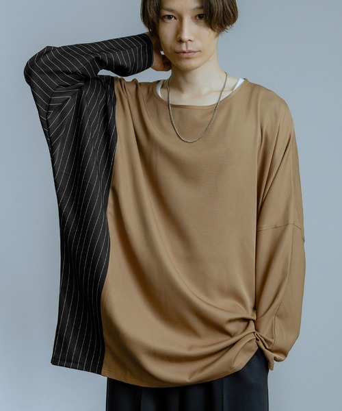 Crownor(クラウノアー)の「配色切り替え ドルマン 長袖Tシャツ(Tシャツ/カットソー・メンズ・ブラック/ネイビー/ベージュ・MEDIUM/LARGE)」の2枚目の写真