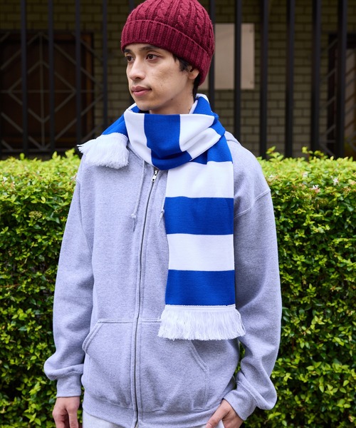 ROOPTOKYO（ループトウキョウ）の「フリンジ付き ボーダー フットボールマフラー（マフラー・メンズ・オレンジ/ブラック系2/グリーン系2/スカイブルー系2/ネイビー系1/ネイビー系2/レッド系2/レッド系3/ブラック系1/ロイヤルブルー/パープル/グリーン系1/スカイブルー系1/レッド系1・FREE）」の6枚目の写真