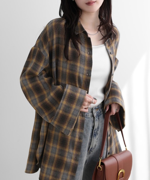 SUNFLOWER EIGHT(サンフラワーエイト)の「ワイドスリーブチェックシャツ(シャツ/ブラウス・レディース・ブラック/グレー/ブラウン・M)」の1枚目の写真