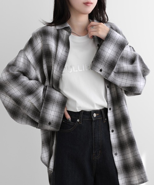 SUNFLOWER EIGHT(サンフラワーエイト)の「ワイドスリーブチェックシャツ(シャツ/ブラウス・レディース・ブラック/グレー/ブラウン・M)」の2枚目の写真