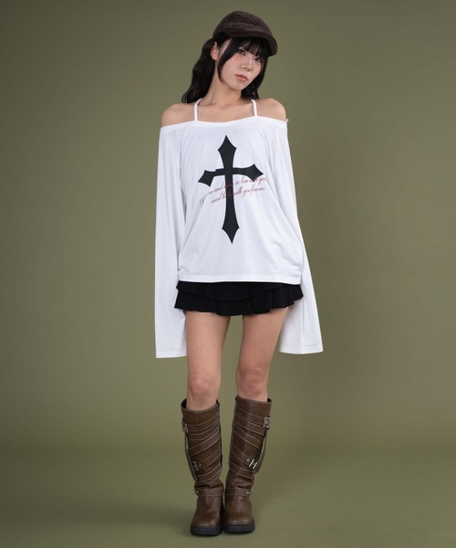 dispark(ディスパーク)の「DISPARK/オフショルダークロスロゴトップ(Tシャツ/カットソー・レディース・ベージュ/ホワイト・FREE)」の14枚目の写真
