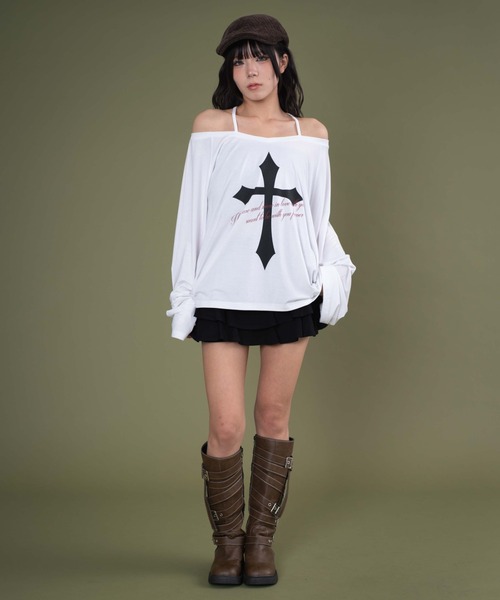 dispark(ディスパーク)の「DISPARK/オフショルダークロスロゴトップ(Tシャツ/カットソー・レディース・ベージュ/ホワイト・FREE)」の20枚目の写真