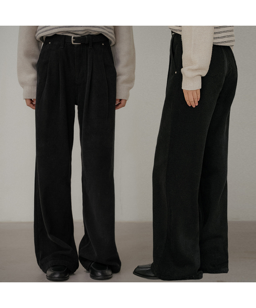Classic tuck detail fleece denim pants [TIWT02DP02]_Black
