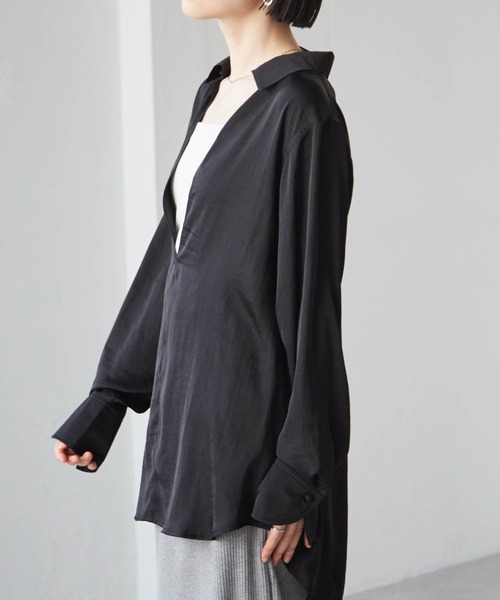 RANAN（ラナン）の「2WAYサテンスキッパーシャツ（シャツ/ブラウス・レディース・ブラック/ブルーグレー/ホワイト・L/LL/M）」の13枚目の写真