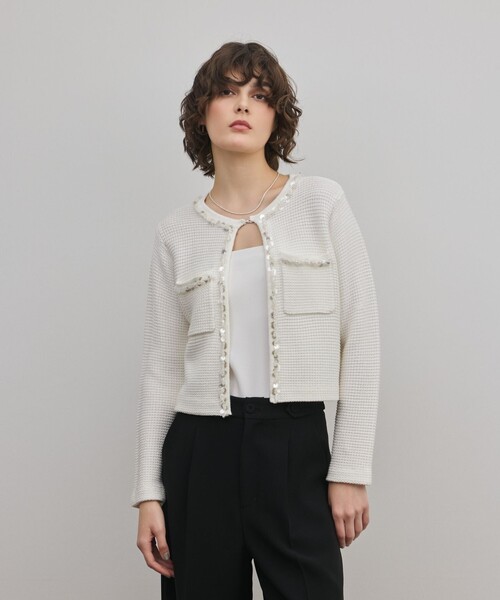 GRACE CONTINENTAL（グレースコンチネンタル）の「ブレードツイードニットジャケット（ノーカラージャケット・レディース・ホワイト/ブラック・36）」の7枚目の写真