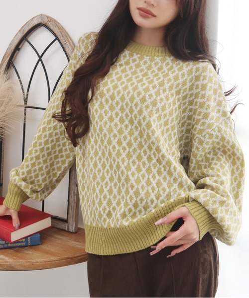 CECIL McBEE（セシルマクビー）の「ハニカムジャガードプルオーバー（ニット/セーター・レディース・グリーン/ブラック/オフホワイト・MEDIUM）」の3枚目の写真