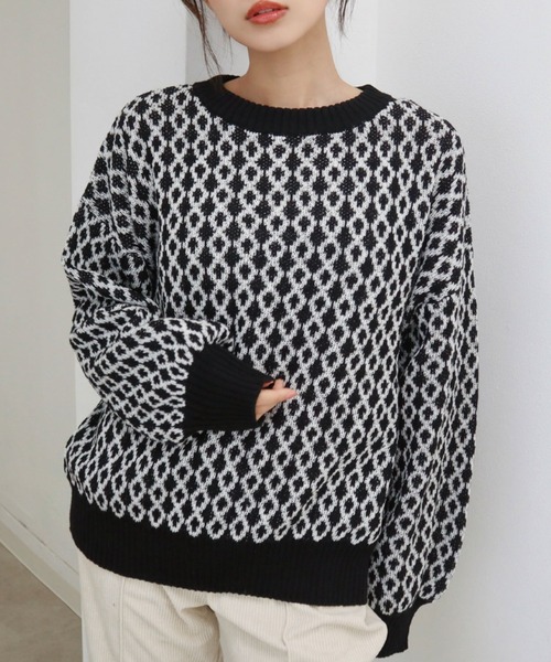 CECIL McBEE（セシルマクビー）の「ハニカムジャガードプルオーバー（ニット/セーター・レディース・グリーン/ブラック/オフホワイト・MEDIUM）」の2枚目の写真