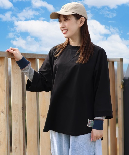 KRIFF MAYER Lady's Collection（クリフメイヤーレディースコレクション）の「【日焼け対策･接触冷感】冷涼UVカット7分袖ゆるT（Tシャツ/カットソー・レディース・ブラック/ナチュラル/カラフル/レッド/ネイビー・LARGE/MEDIUM）」の2枚目の写真