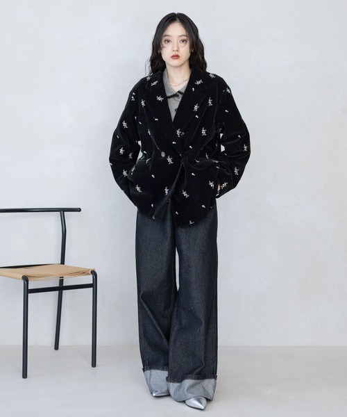 RAGEBLUE（レイジブルー）の「フラワー刺繍/ベロアテーラードジャケット（テーラードジャケット・レディース・ブラック/ブラウン・FREE）」の3枚目の写真