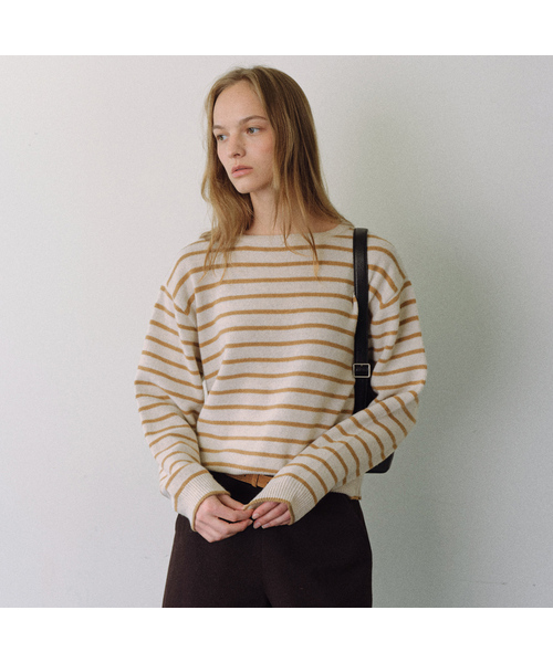URAGO(ユラーゴ)の「Merino wool stripe knit(ニット/セーター・レディース・ネイビー/ベージュ/ライトグレー・FREE)」の2枚目の写真