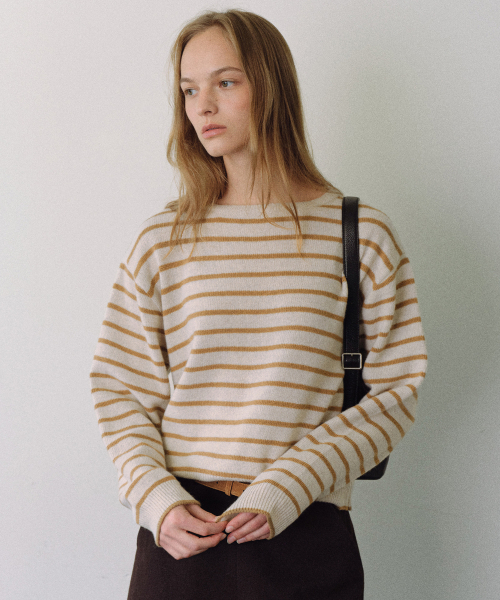 URAGO(ユラーゴ)の「Merino wool stripe knit(ニット/セーター・レディース・ネイビー/ベージュ/ライトグレー・FREE)」の5枚目の写真
