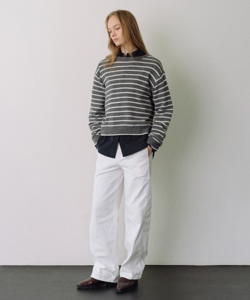 URAGO(ユラーゴ)の「Merino wool stripe knit(ニット/セーター・レディース・ネイビー/ベージュ/ライトグレー・FREE)」の6枚目の写真
