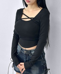 【3color/パット付き】クロスラインネックデザインロングスリーブ