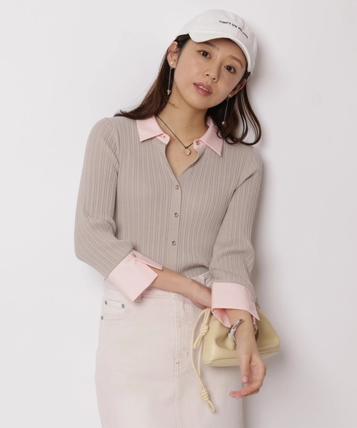 JUSGLITTY(ジャスグリッティー)の「7分袖シャツカラーニット(ニット/セーター・レディース・グレイッシュベージュ/ミント/ネイビー/ホワイト・2)」の2枚目の写真