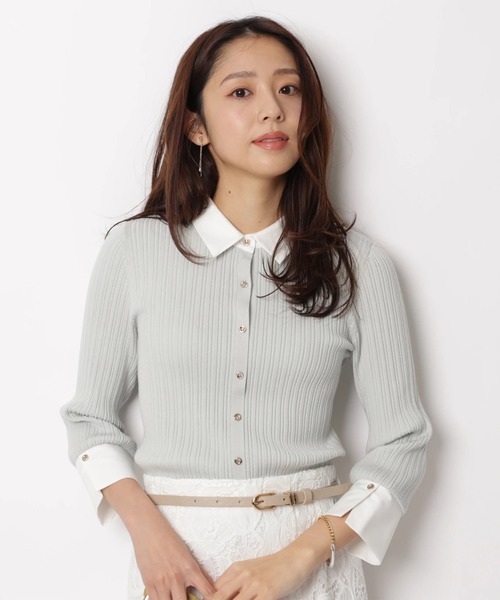 JUSGLITTY(ジャスグリッティー)の「7分袖シャツカラーニット(ニット/セーター・レディース・グレイッシュベージュ/ミント/ネイビー/ホワイト・2)」の3枚目の写真