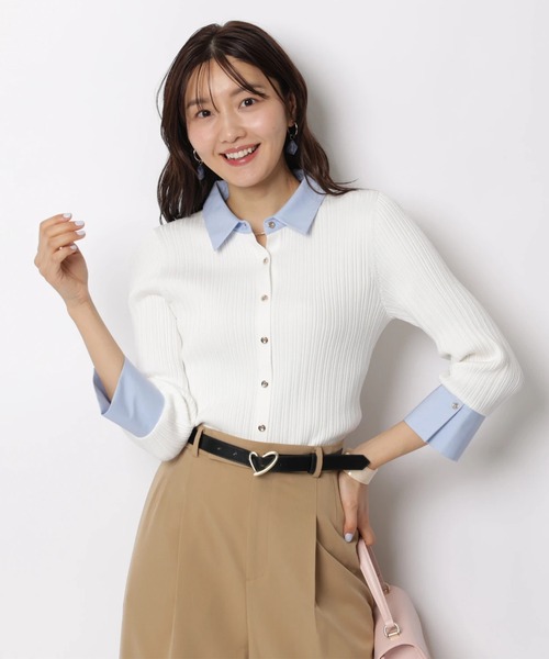 JUSGLITTY(ジャスグリッティー)の「7分袖シャツカラーニット(ニット/セーター・レディース・グレイッシュベージュ/ミント/ネイビー/ホワイト・2)」の6枚目の写真