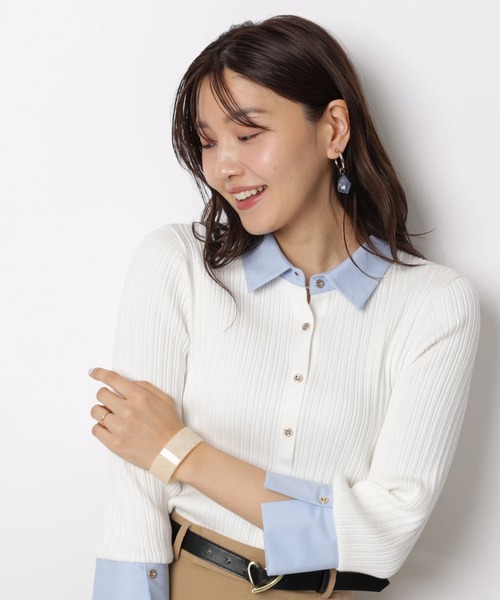 JUSGLITTY(ジャスグリッティー)の「7分袖シャツカラーニット(ニット/セーター・レディース・グレイッシュベージュ/ミント/ネイビー/ホワイト・2)」の7枚目の写真