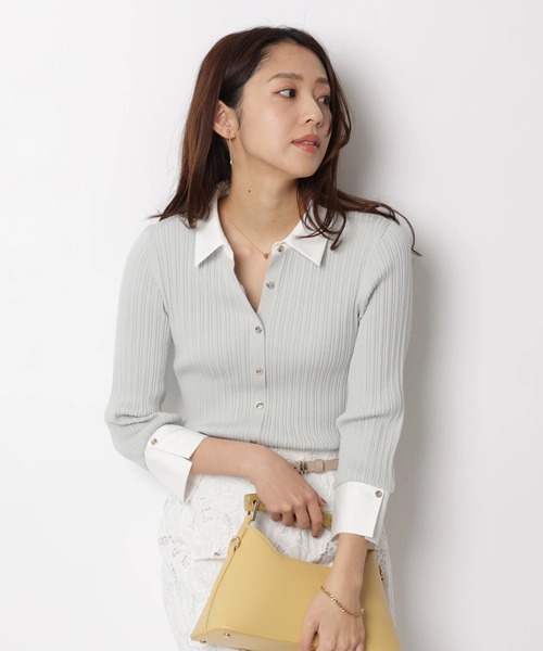 JUSGLITTY(ジャスグリッティー)の「7分袖シャツカラーニット(ニット/セーター・レディース・グレイッシュベージュ/ミント/ネイビー/ホワイト・2)」の16枚目の写真