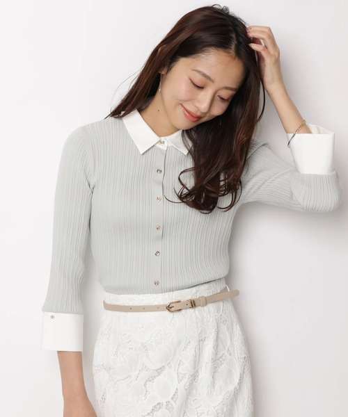 JUSGLITTY(ジャスグリッティー)の「7分袖シャツカラーニット(ニット/セーター・レディース・グレイッシュベージュ/ミント/ネイビー/ホワイト・2)」の18枚目の写真