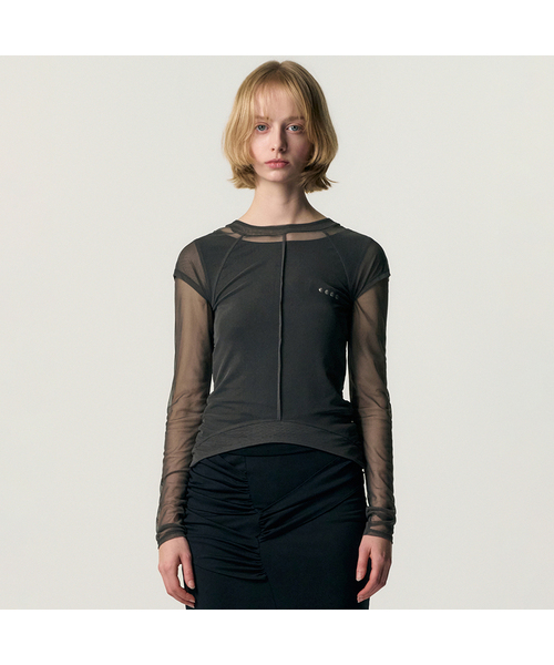 KIMZISU(キムジス)の「Veiled Mesh Shell LS T-shirt_BLACK(Tシャツ/カットソー・レディース・ブラック・SMALL/MEDIUM)」の1枚目の写真