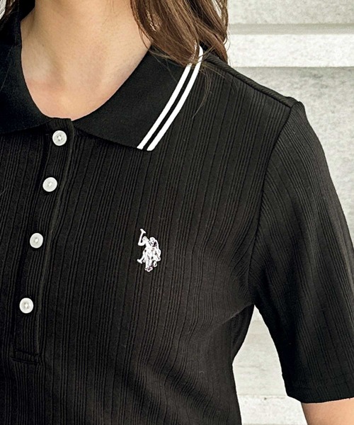 U.S. POLO ASSN.(ユーエスポロアッスン)の「GeeRA別注【U.S. POLO ASSN.】ランダムリブライン入りワンポイント刺繍ポロ襟シャツ(ポロシャツ・レディース・ブラック/オフホワイト・MEDIUM/LARGE/X-LARGE)」の5枚目の写真
