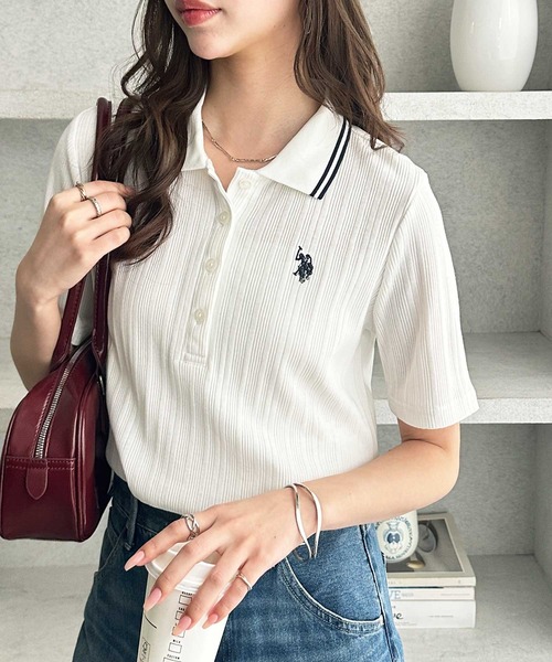 U.S. POLO ASSN.(ユーエスポロアッスン)の「GeeRA別注【U.S. POLO ASSN.】ランダムリブライン入りワンポイント刺繍ポロ襟シャツ(ポロシャツ・レディース・ブラック/オフホワイト・MEDIUM/LARGE/X-LARGE)」の10枚目の写真