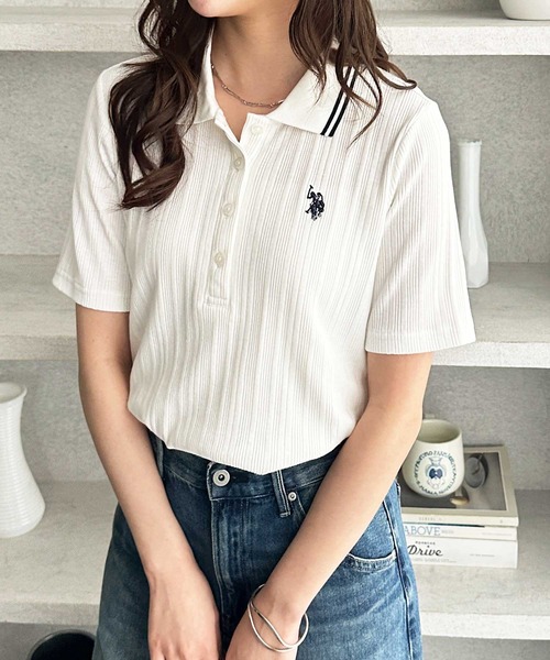 U.S. POLO ASSN.(ユーエスポロアッスン)の「GeeRA別注【U.S. POLO ASSN.】ランダムリブライン入りワンポイント刺繍ポロ襟シャツ(ポロシャツ・レディース・ブラック/オフホワイト・MEDIUM/LARGE/X-LARGE)」の11枚目の写真