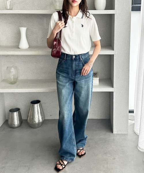 U.S. POLO ASSN.(ユーエスポロアッスン)の「GeeRA別注【U.S. POLO ASSN.】ランダムリブライン入りワンポイント刺繍ポロ襟シャツ(ポロシャツ・レディース・ブラック/オフホワイト・MEDIUM/LARGE/X-LARGE)」の13枚目の写真