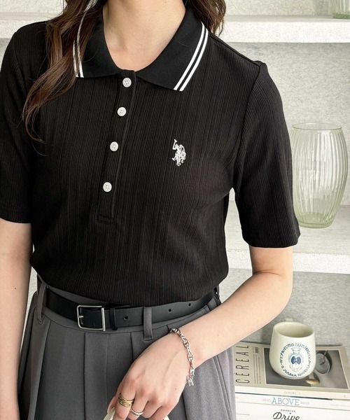 U.S. POLO ASSN.(ユーエスポロアッスン)の「GeeRA別注【U.S. POLO ASSN.】ランダムリブライン入りワンポイント刺繍ポロ襟シャツ(ポロシャツ・レディース・ブラック/オフホワイト・MEDIUM/LARGE/X-LARGE)」の18枚目の写真