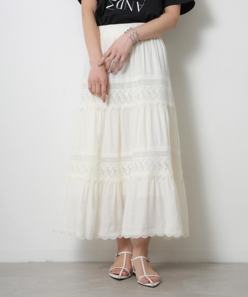 Riberry（リベリー）の「コットンレース切替ティアードスカート（スカート・レディース・アイボリー/ブラック・FREE）」の3枚目の写真