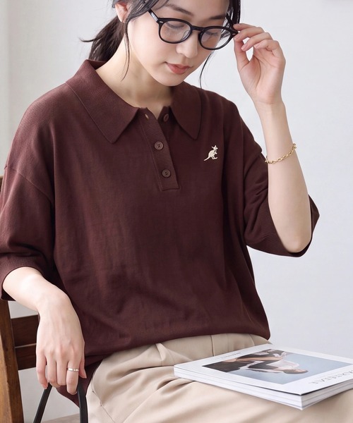 KANGOL(カンゴール)の「【KANGOL/カンゴール】別注 ワンポイント刺繍 半袖 ニットポロ(ポロシャツ・メンズ・ネイビー/ブラウン/ワインレッド/グリーン/アイボリー/ブラック・M/L/XL)」の3枚目の写真